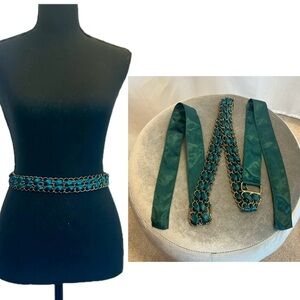 BEBE green satin ribbon brass tone braided chain fabric belt🇨🇦